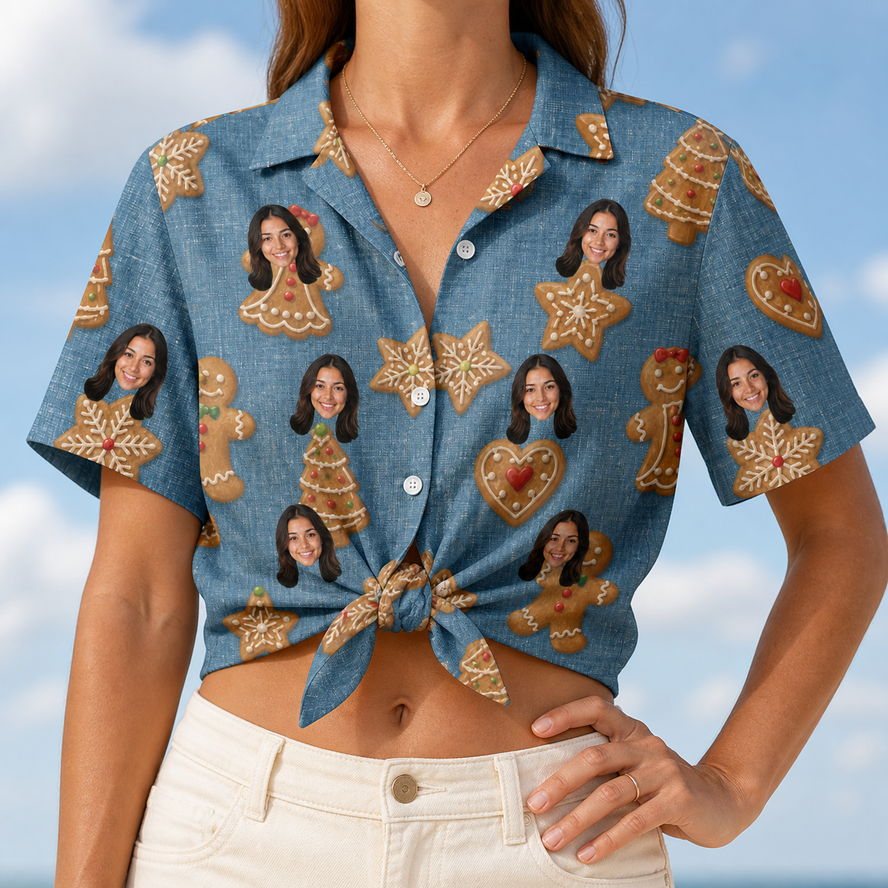 Woman wearing Women's Cinnamon Capers Custom Face Hawaiian Shirt tied at the waist