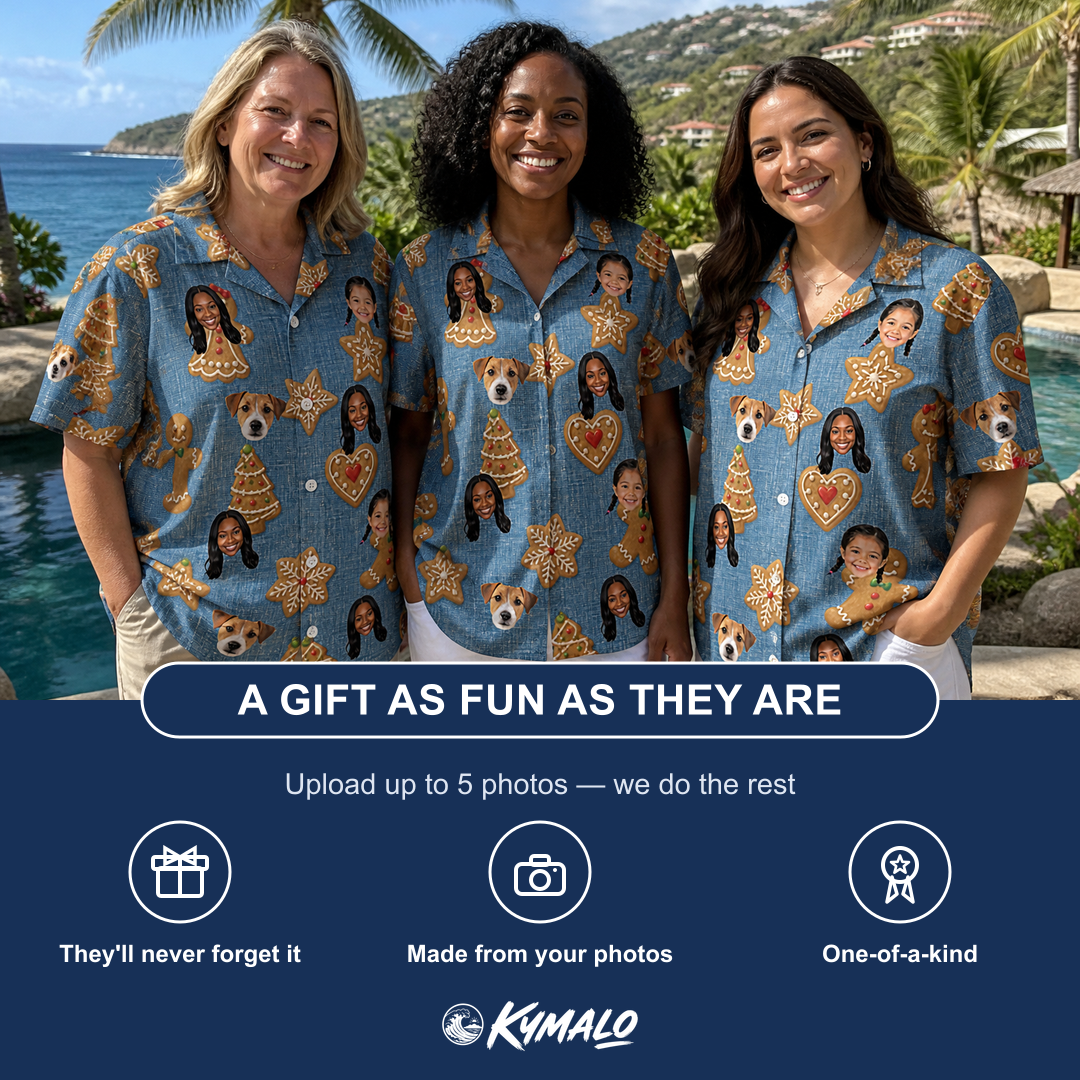 Friends in matching Women's Cinnamon Capers Custom Face Hawaiian Shirt — a group gift photo