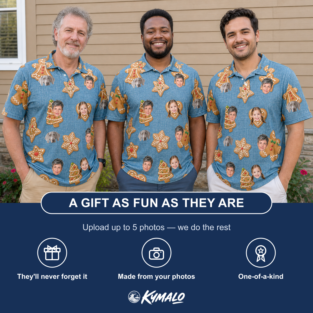 Friends in matching Men's Cinnamon Capers Custom Face Polo Shirt — a group gift photo