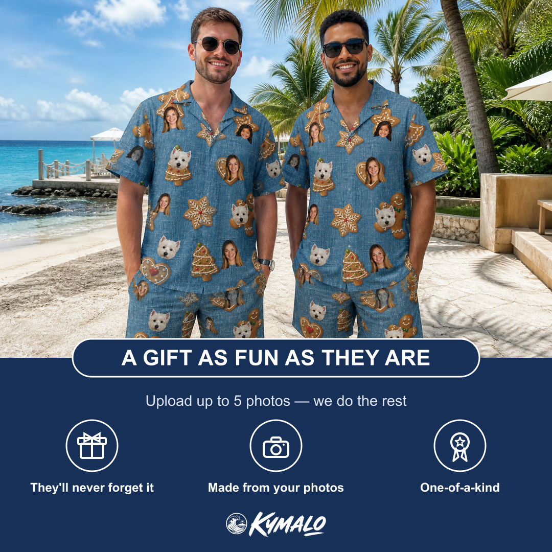 Friends in matching Men's Cinnamon Capers Custom Face Shirt & Shorts Set — a group gift photo