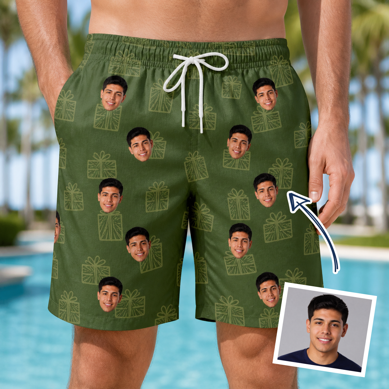 Man wearing Men's Parcel Pizzazz Custom Face Beach Shorts — custom faces printed all-over