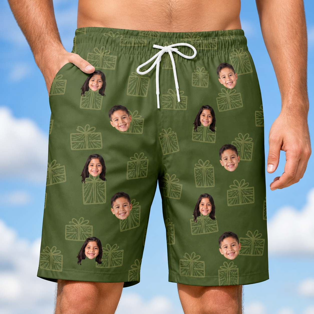 Model wearing Men's Parcel Pizzazz Custom Face Beach Shorts printed with kids' faces