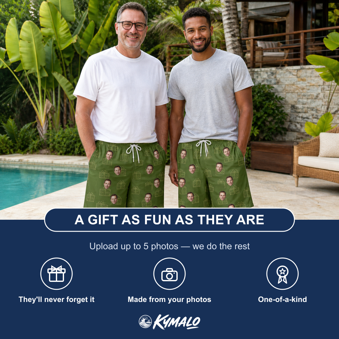 Friends in matching Men's Parcel Pizzazz Custom Face Beach Shorts — a group gift photo