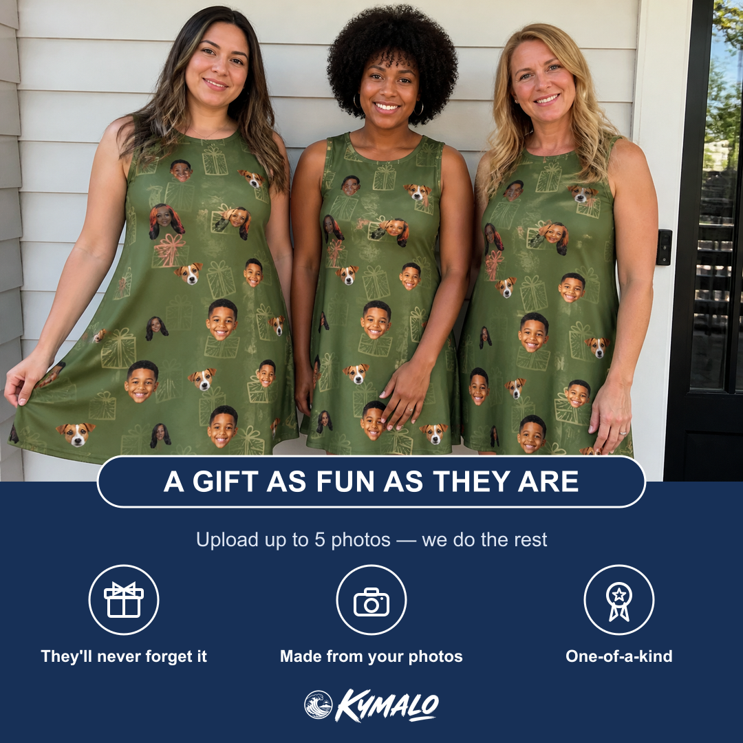 Friends in matching Women's Parcel Pizzazz Custom Face Tank Dress — a group gift photo