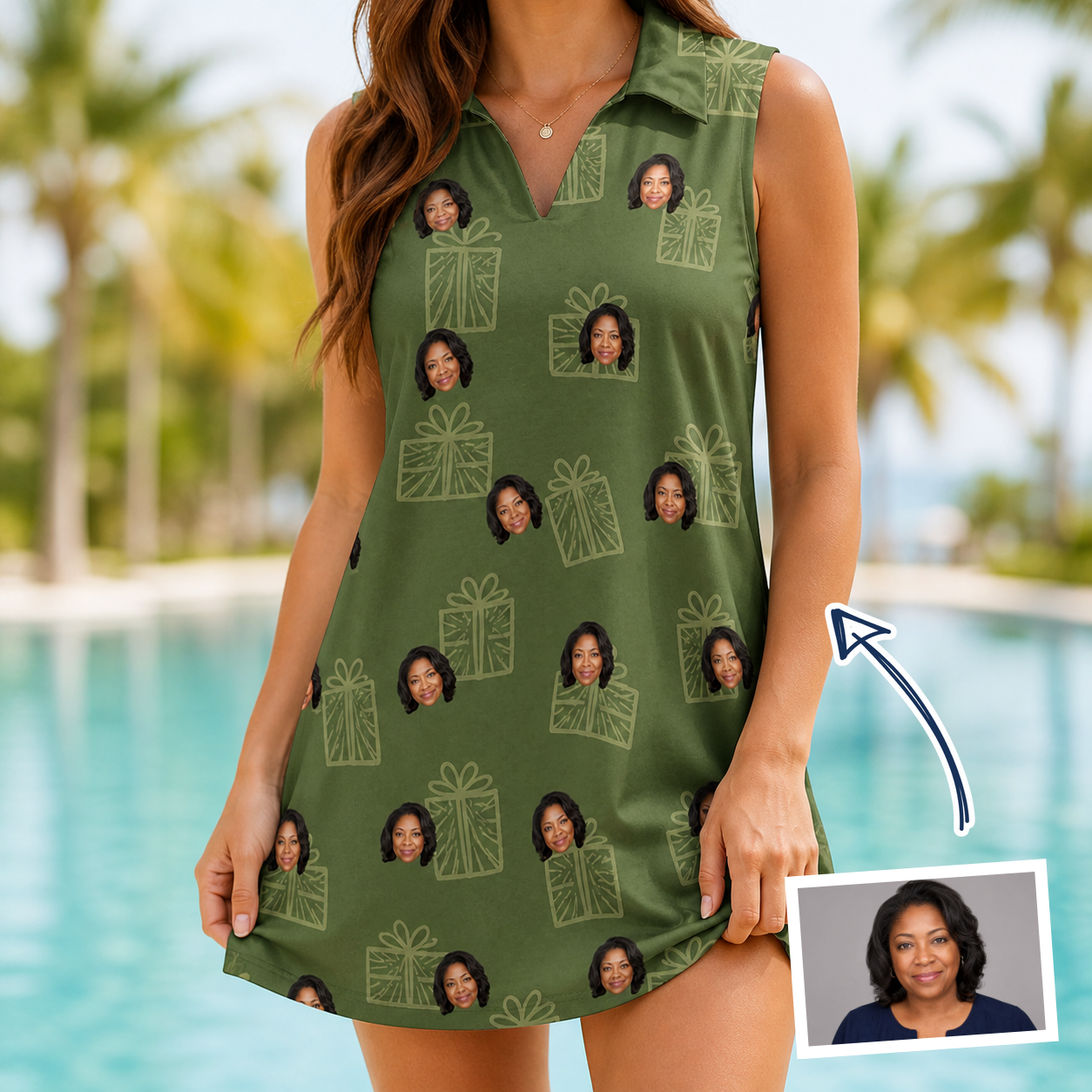 Woman wearing Women's Parcel Pizzazz Custom Face V-Neck Dress — custom faces printed all-over