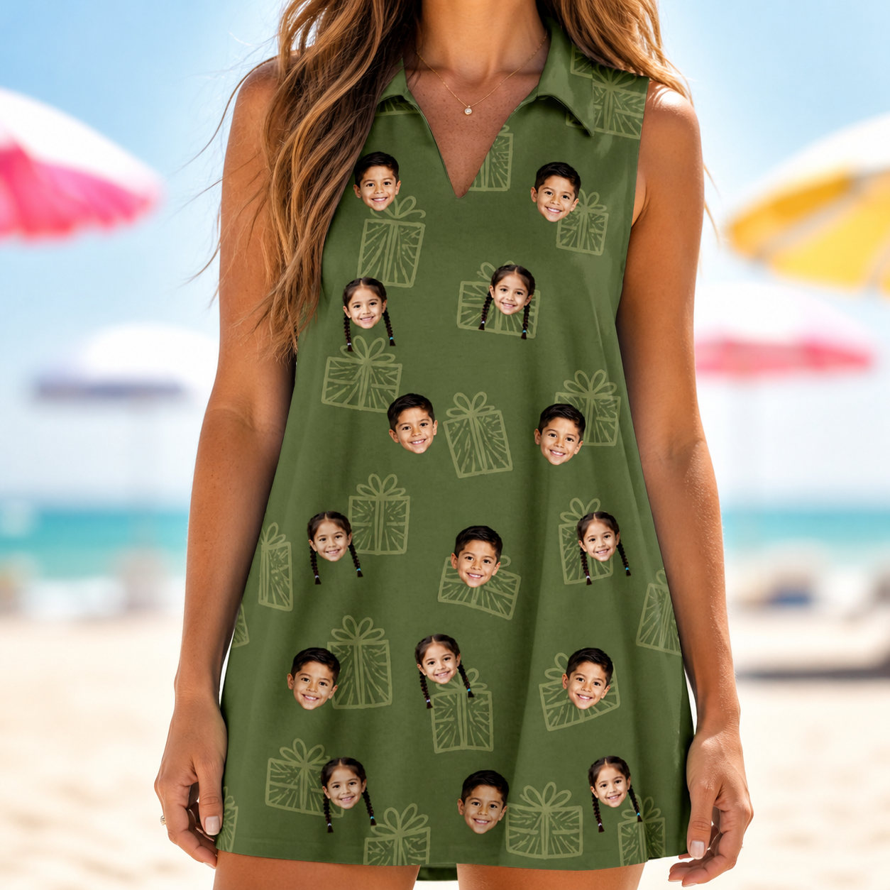 Model wearing Women's Parcel Pizzazz Custom Face V-Neck Dress printed with kids' faces