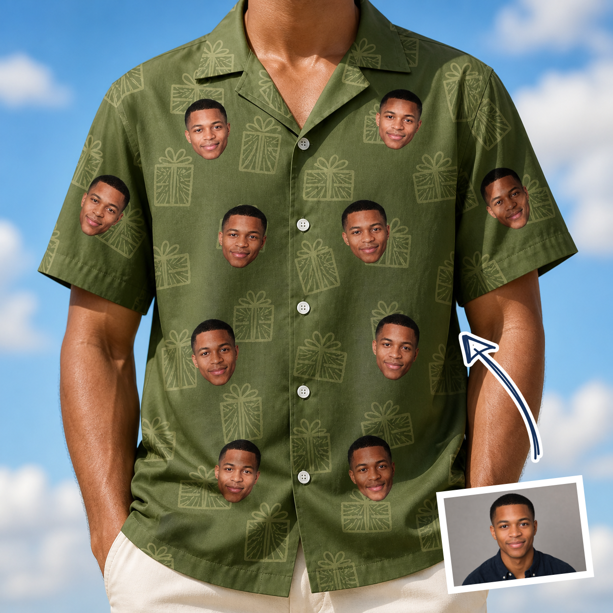 Man wearing Men's Parcel Pizzazz Custom Face Hawaiian Shirt — custom faces printed all-over
