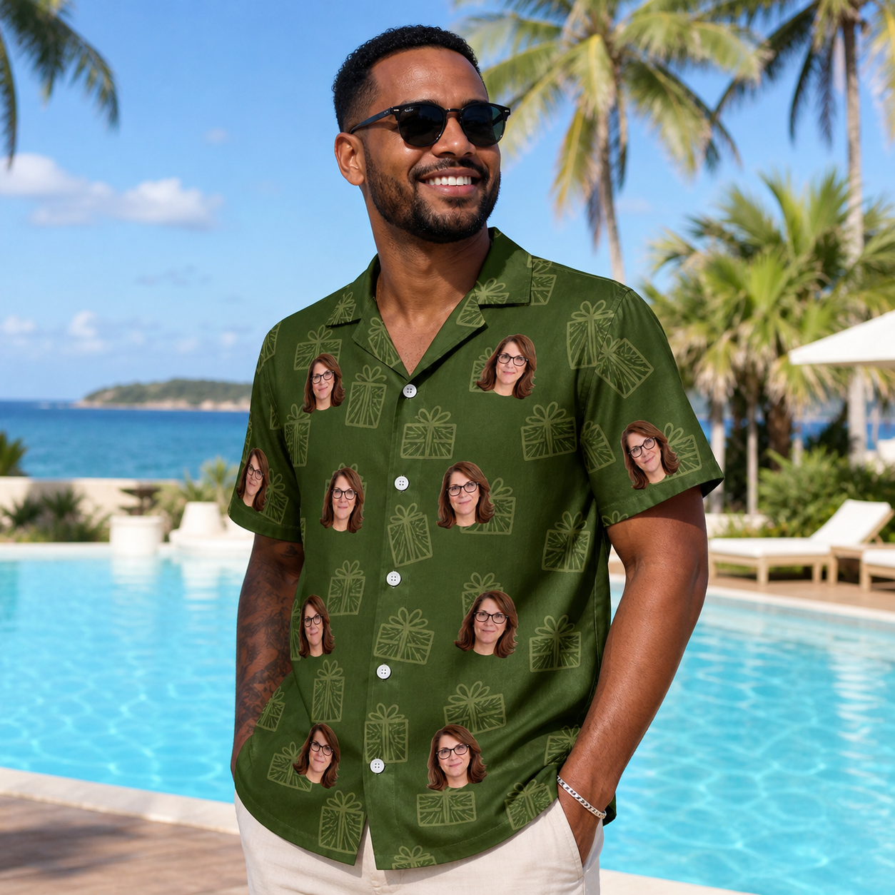 Real-life photo of someone wearing Men's Parcel Pizzazz Custom Face Hawaiian Shirt — custom faces printed all-over