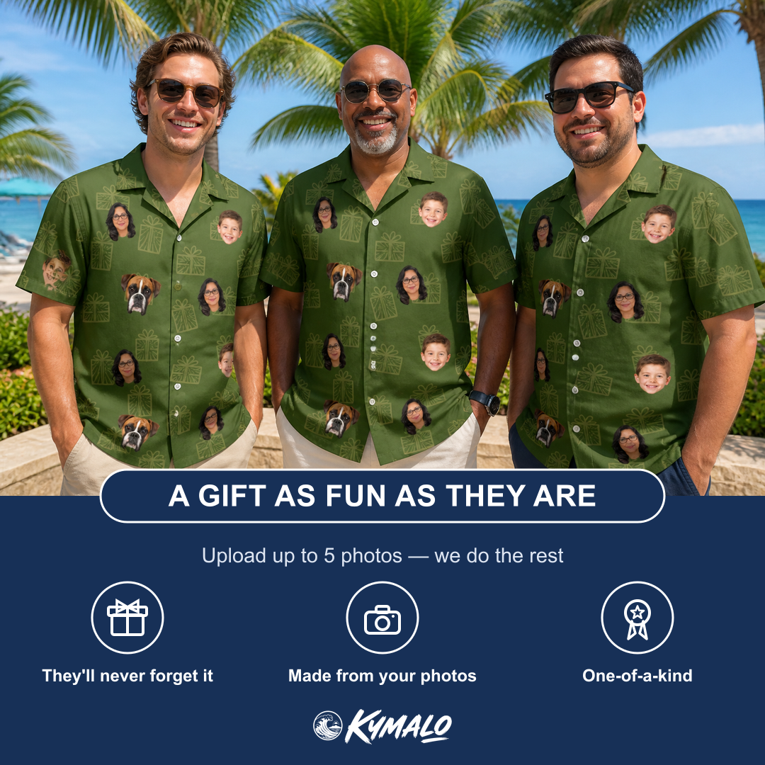 Friends in matching Men's Parcel Pizzazz Custom Face Hawaiian Shirt — a group gift photo