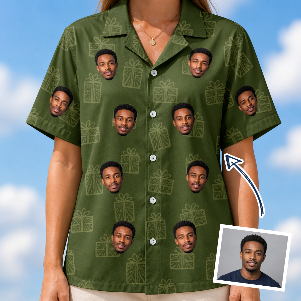 Woman wearing Women's Parcel Pizzazz Custom Face Hawaiian Shirt — custom faces printed all-over