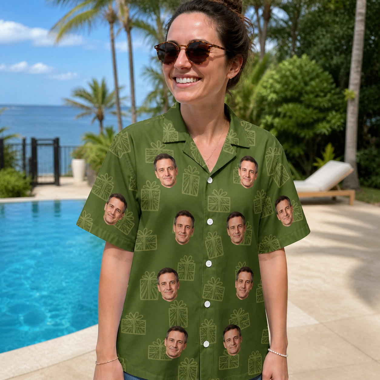 Real-life photo of someone wearing Women's Parcel Pizzazz Custom Face Hawaiian Shirt — custom faces printed all-over