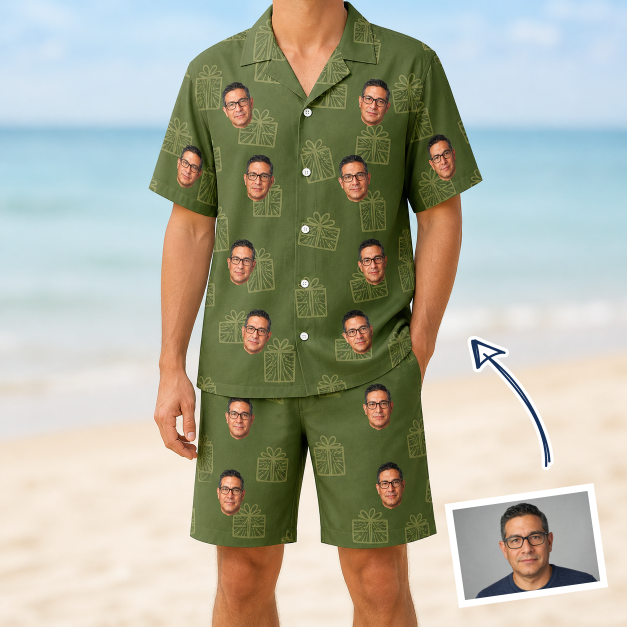 Man wearing Men's Parcel Pizzazz Custom Face Shirt & Shorts Set — custom faces printed all-over