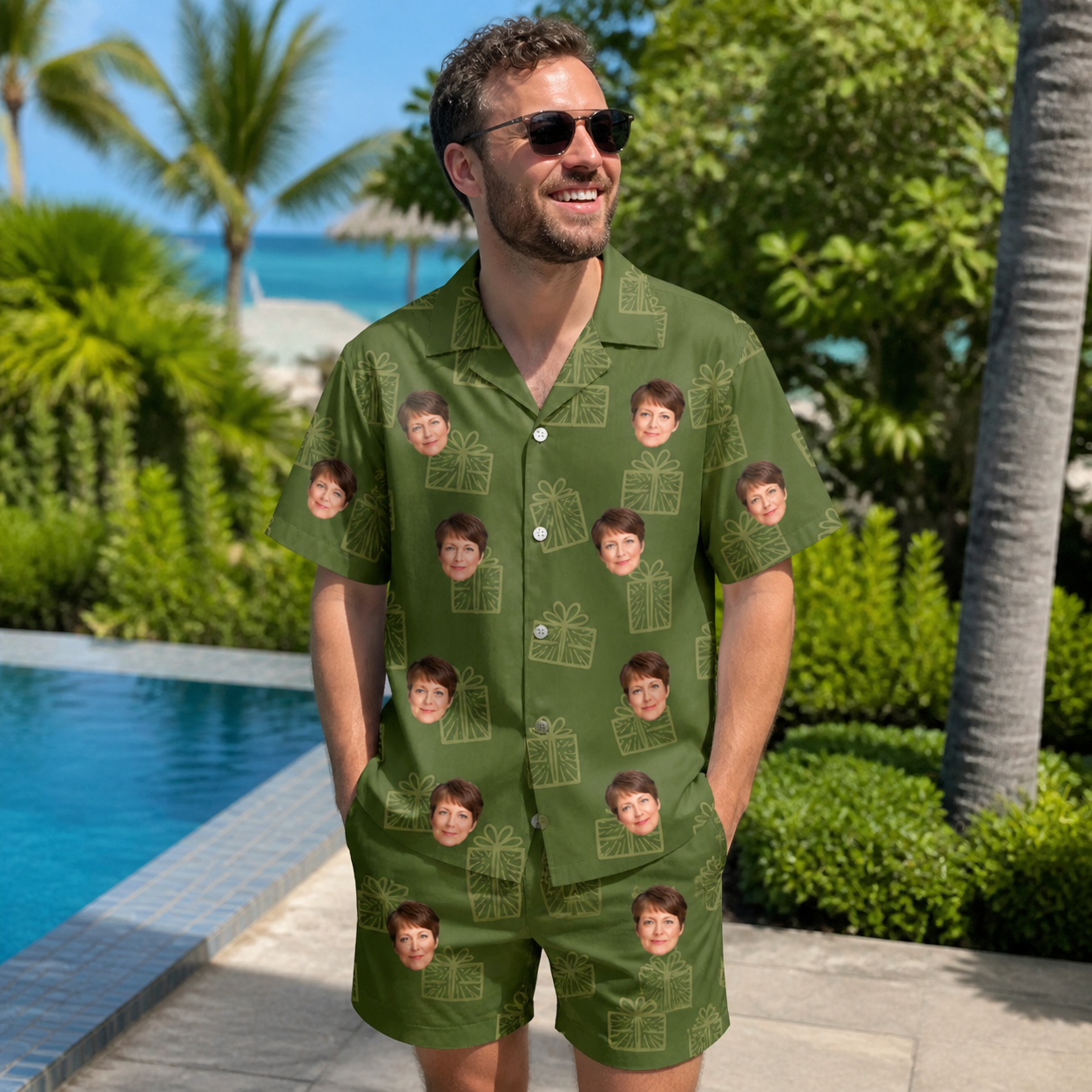 Real-life photo of someone wearing Men's Parcel Pizzazz Custom Face Shirt & Shorts Set — custom faces printed all-over