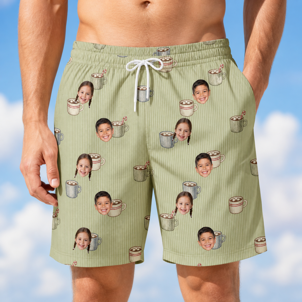 Model wearing Men's Marshmallow Mugs Custom Face Beach Shorts printed with kids' faces