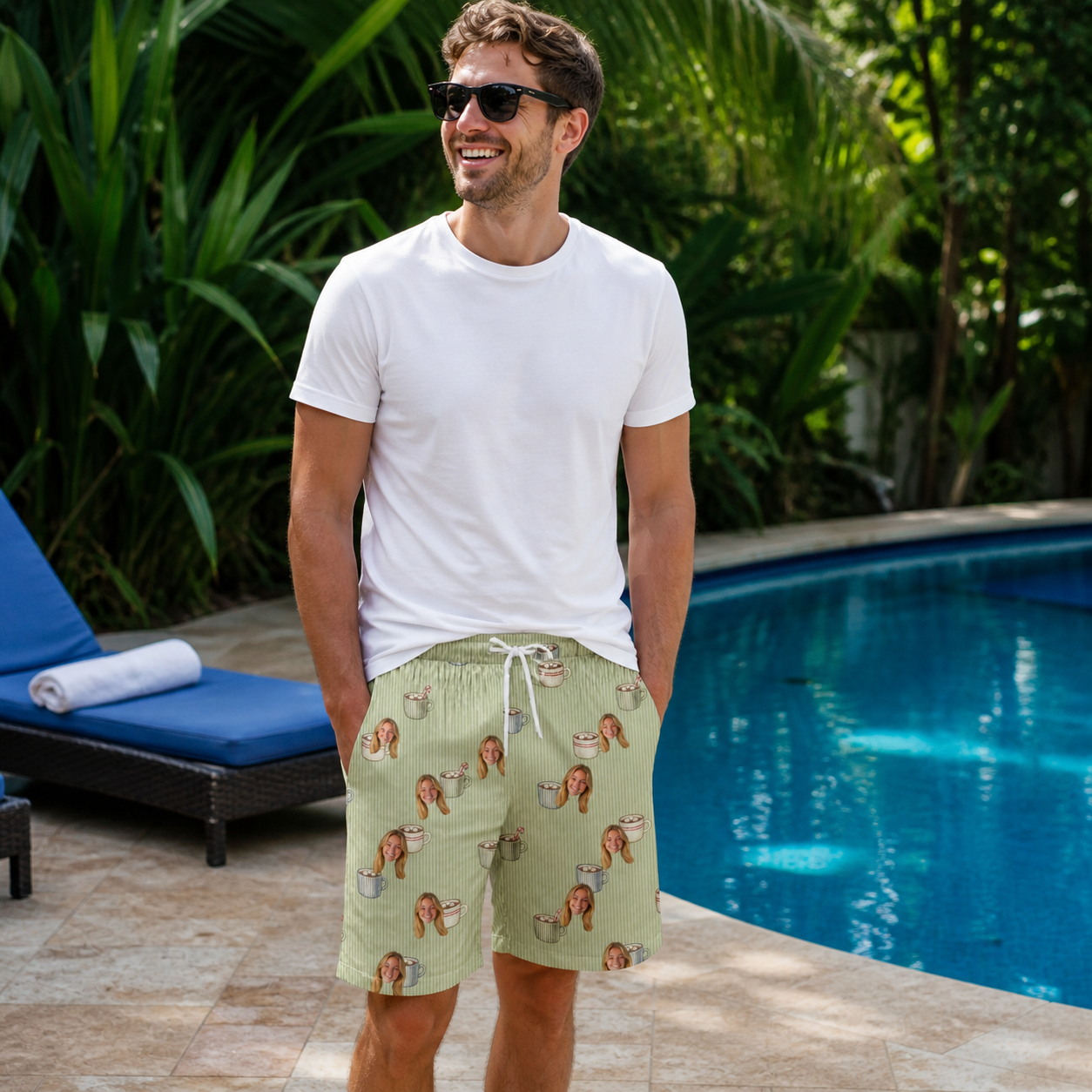 Real-life photo of someone wearing Men's Marshmallow Mugs Custom Face Beach Shorts — custom faces printed all-over