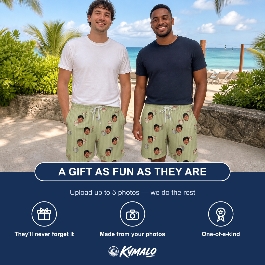 Friends in matching Men's Marshmallow Mugs Custom Face Beach Shorts — a group gift photo