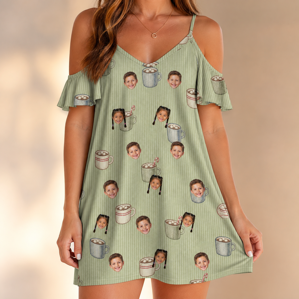 Model wearing Women's Marshmallow Mugs Custom Face Off-Shoulder Dress printed with kids' faces