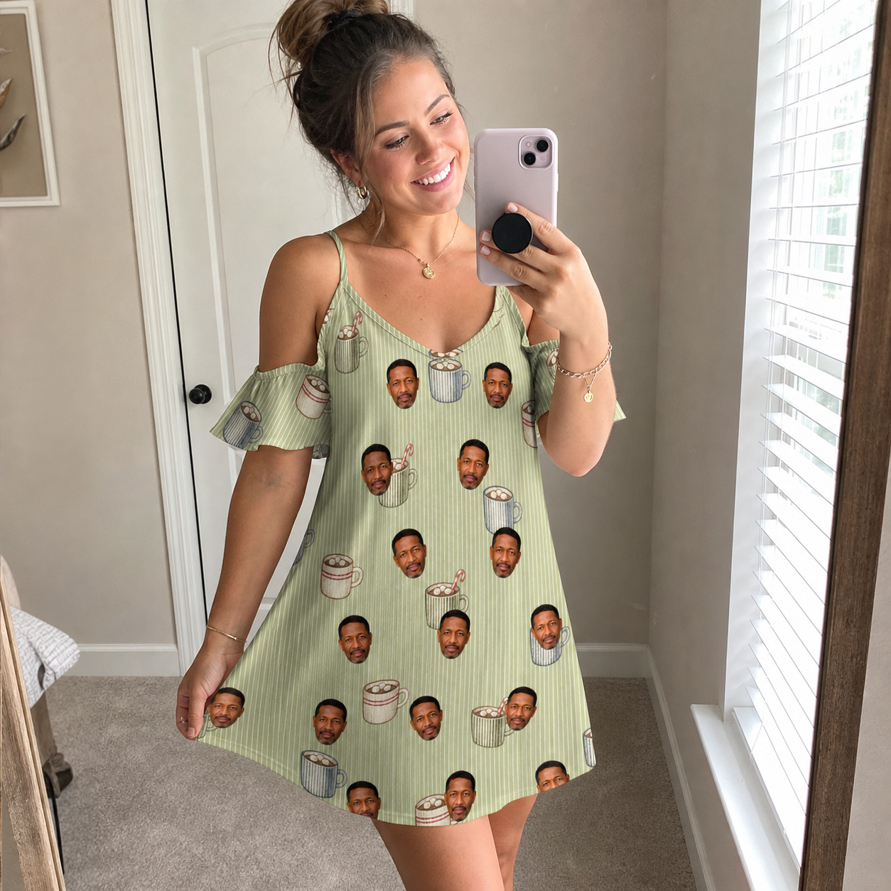 Real-life photo of someone wearing Women's Marshmallow Mugs Custom Face Off-Shoulder Dress — custom faces printed all-over