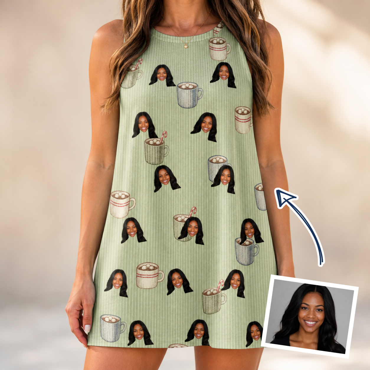 Woman wearing Women's Marshmallow Mugs Custom Face Tank Dress — custom faces printed all-over