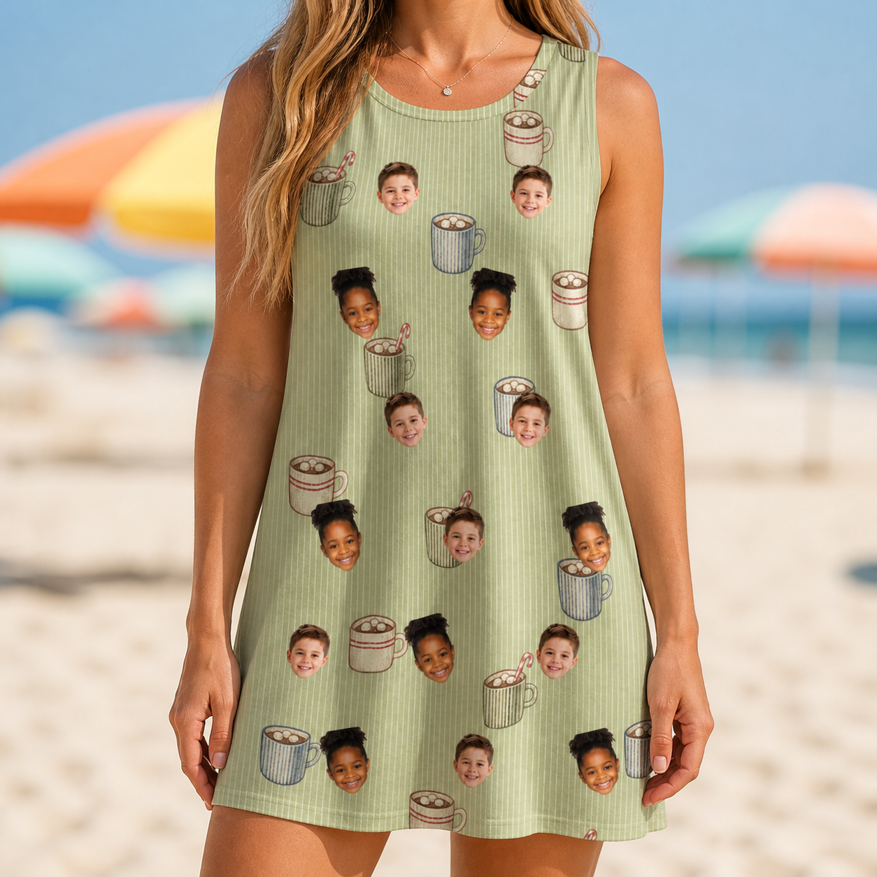 Model wearing Women's Marshmallow Mugs Custom Face Tank Dress printed with kids' faces