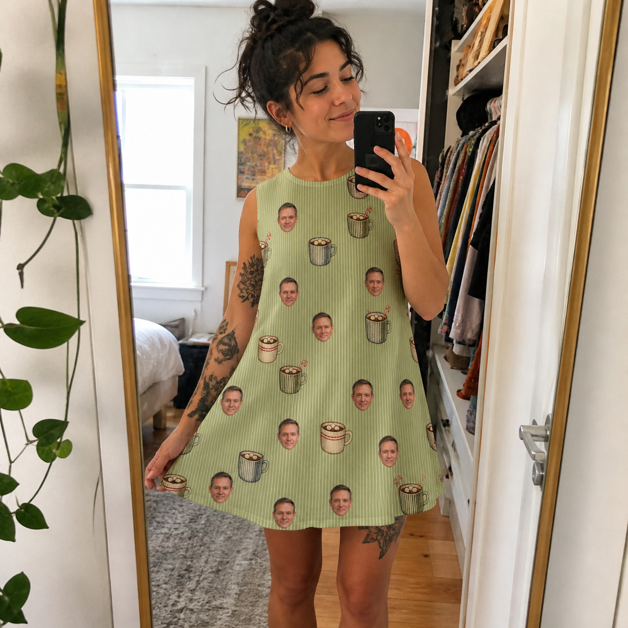 Real-life photo of someone wearing Women's Marshmallow Mugs Custom Face Tank Dress — custom faces printed all-over