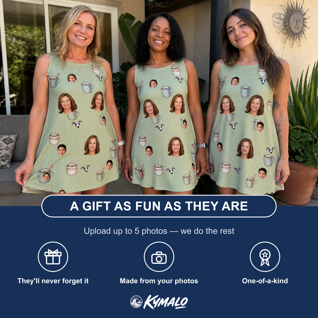 Friends in matching Women's Marshmallow Mugs Custom Face Tank Dress — a group gift photo
