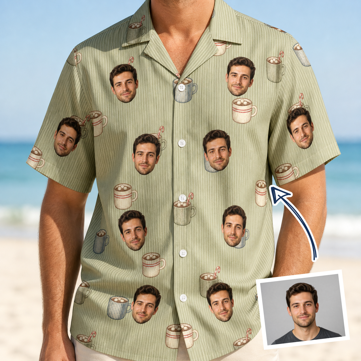 Man wearing Men's Marshmallow Mugs Custom Face Hawaiian Shirt — custom faces printed all-over