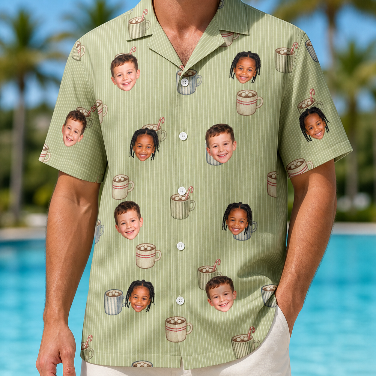 Model wearing Men's Marshmallow Mugs Custom Face Hawaiian Shirt printed with kids' faces