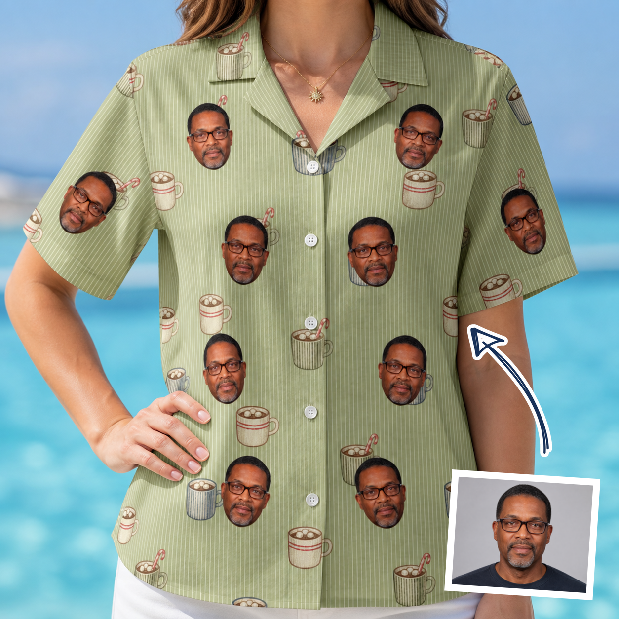 Woman wearing Women's Marshmallow Mugs Custom Face Hawaiian Shirt — custom faces printed all-over