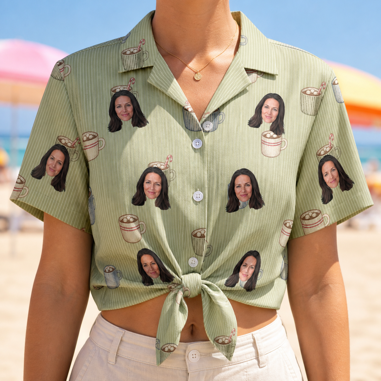 Woman wearing Women's Marshmallow Mugs Custom Face Hawaiian Shirt tied at the waist