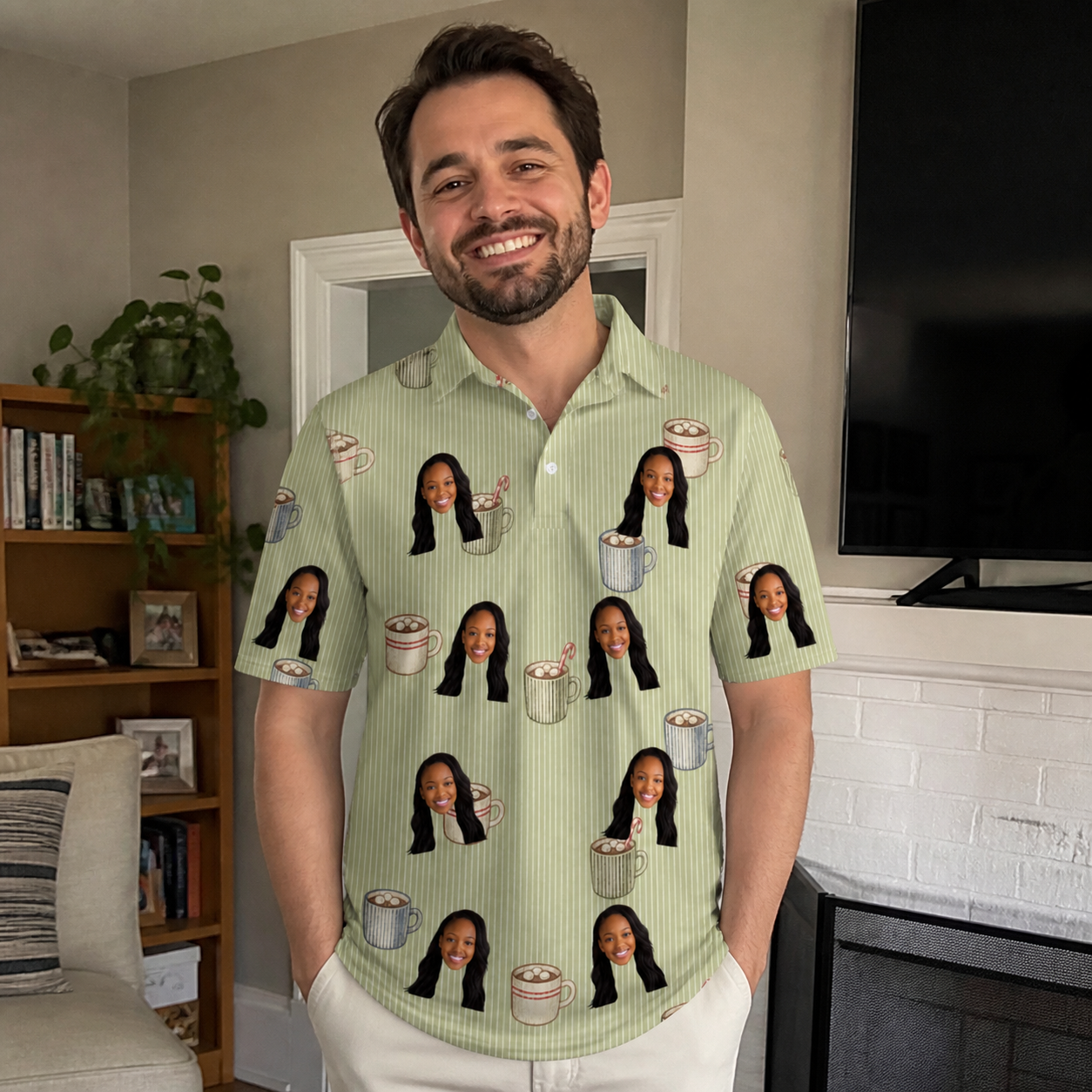 Real-life photo of someone wearing Men's Marshmallow Mugs Custom Face Polo Shirt — custom faces printed all-over