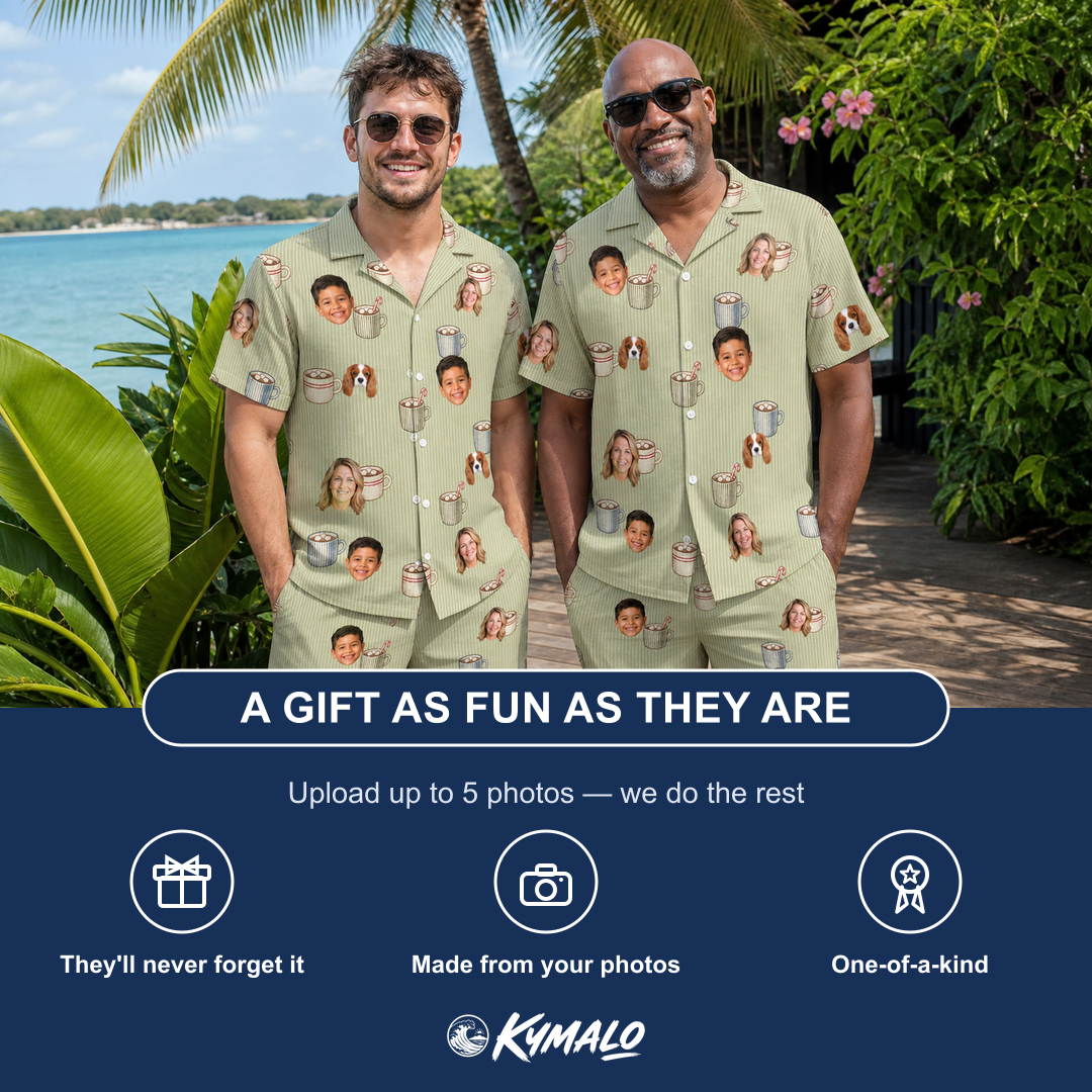 Friends in matching Men's Marshmallow Mugs Custom Face Shirt & Shorts Set — a group gift photo