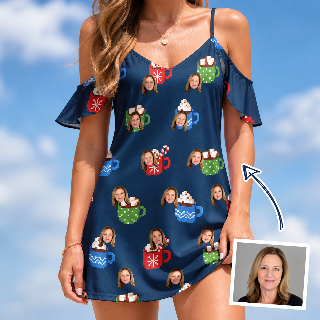 Woman wearing Women's Cocoa Cozy Custom Face Off-Shoulder Dress — custom faces printed all-over