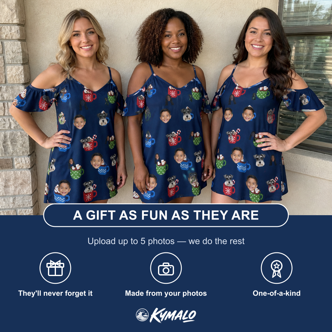 Friends in matching Women's Cocoa Cozy Custom Face Off-Shoulder Dress — a group gift photo