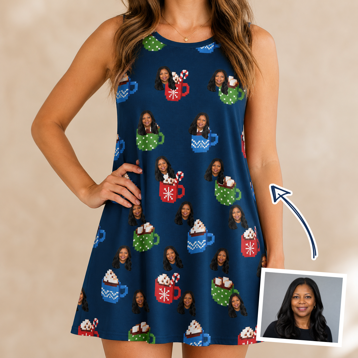Woman wearing Women's Cocoa Cozy Custom Face Tank Dress — custom faces printed all-over