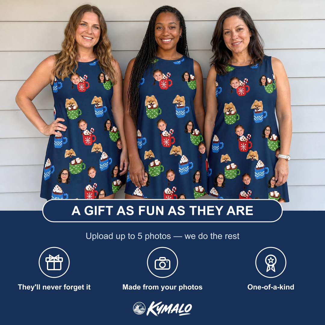 Friends in matching Women's Cocoa Cozy Custom Face Tank Dress — a group gift photo