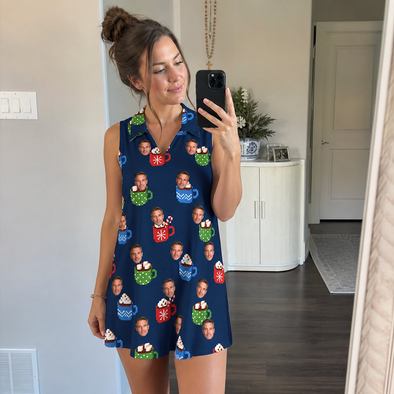 Real-life photo of someone wearing Women's Cocoa Cozy Custom Face V-Neck Dress — custom faces printed all-over