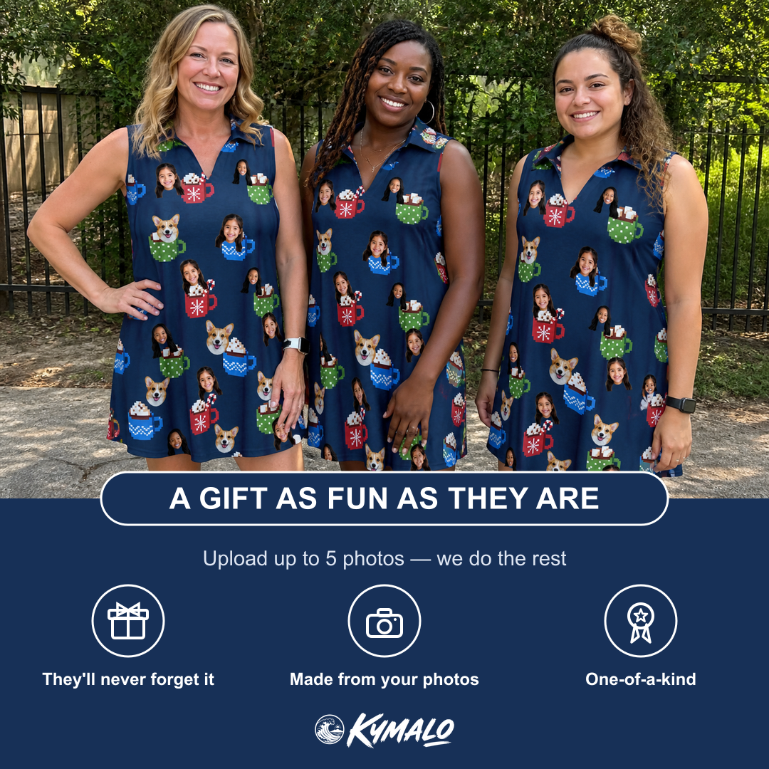 Friends in matching Women's Cocoa Cozy Custom Face V-Neck Dress — a group gift photo