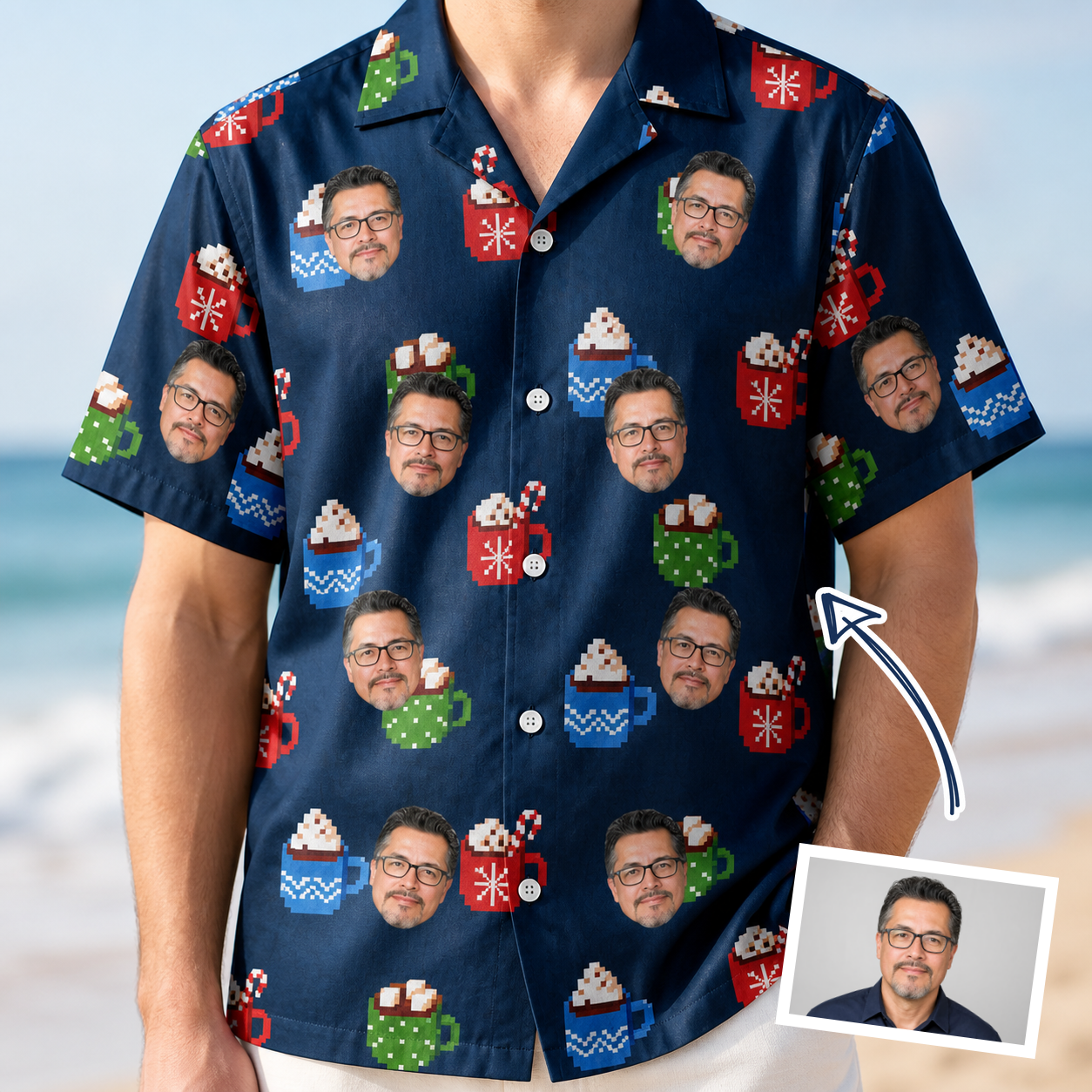 Man wearing Men's Cocoa Cozy Custom Face Hawaiian Shirt — custom faces printed all-over