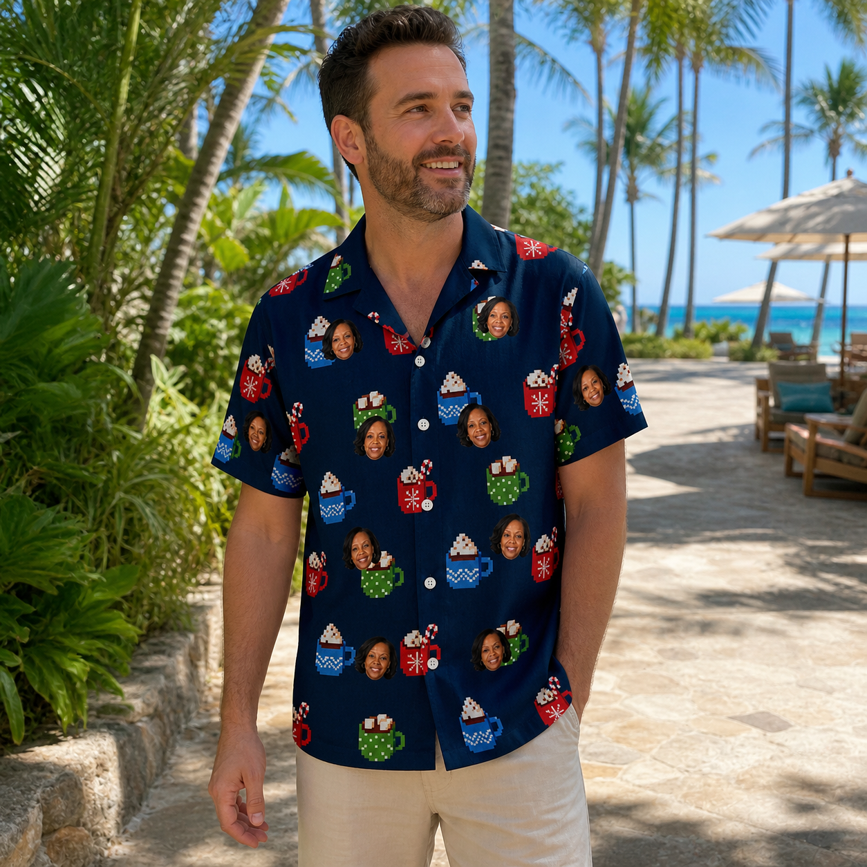 Real-life photo of someone wearing Men's Cocoa Cozy Custom Face Hawaiian Shirt — custom faces printed all-over