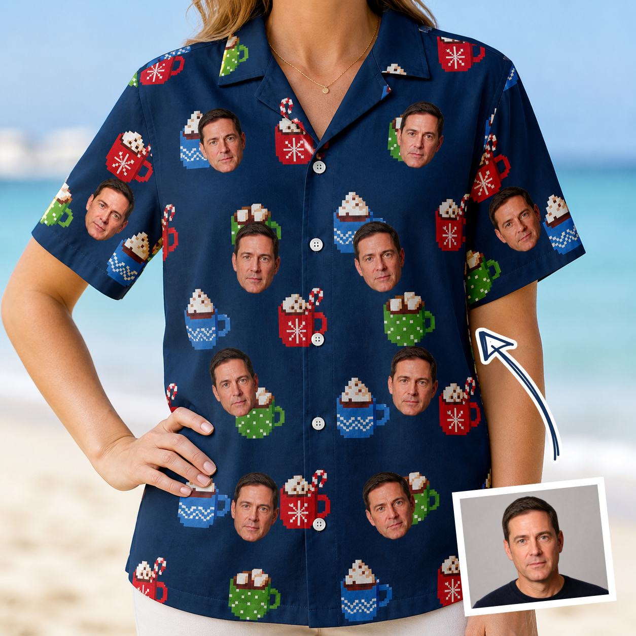 Woman wearing Women's Cocoa Cozy Custom Face Hawaiian Shirt — custom faces printed all-over