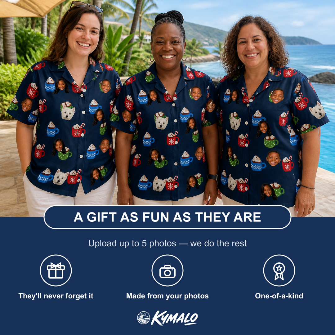 Friends in matching Women's Cocoa Cozy Custom Face Hawaiian Shirt — a group gift photo