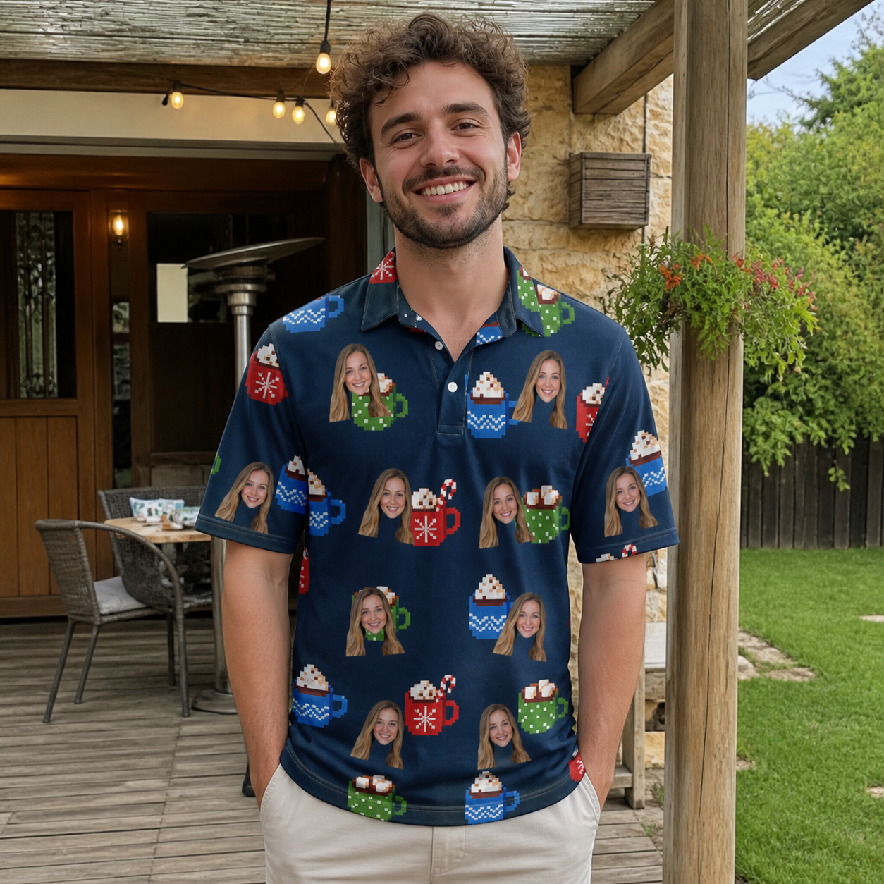 Real-life photo of someone wearing Men's Cocoa Cozy Custom Face Polo Shirt — custom faces printed all-over