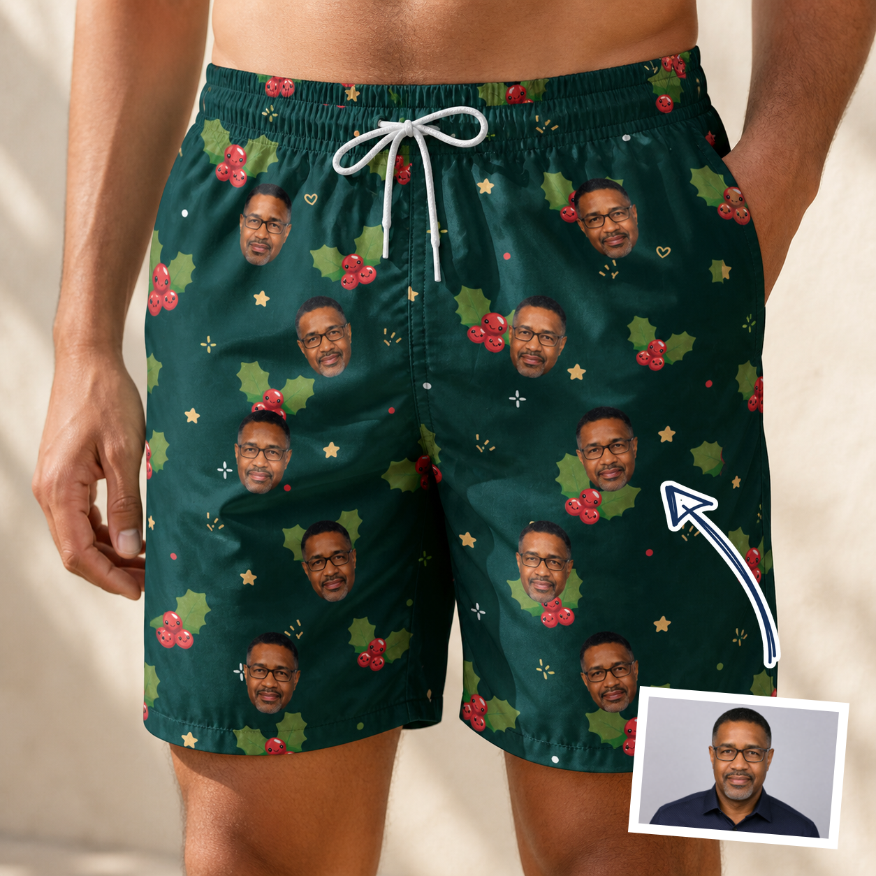 Man wearing Men's Festive Foliage Custom Face Beach Shorts — custom faces printed all-over