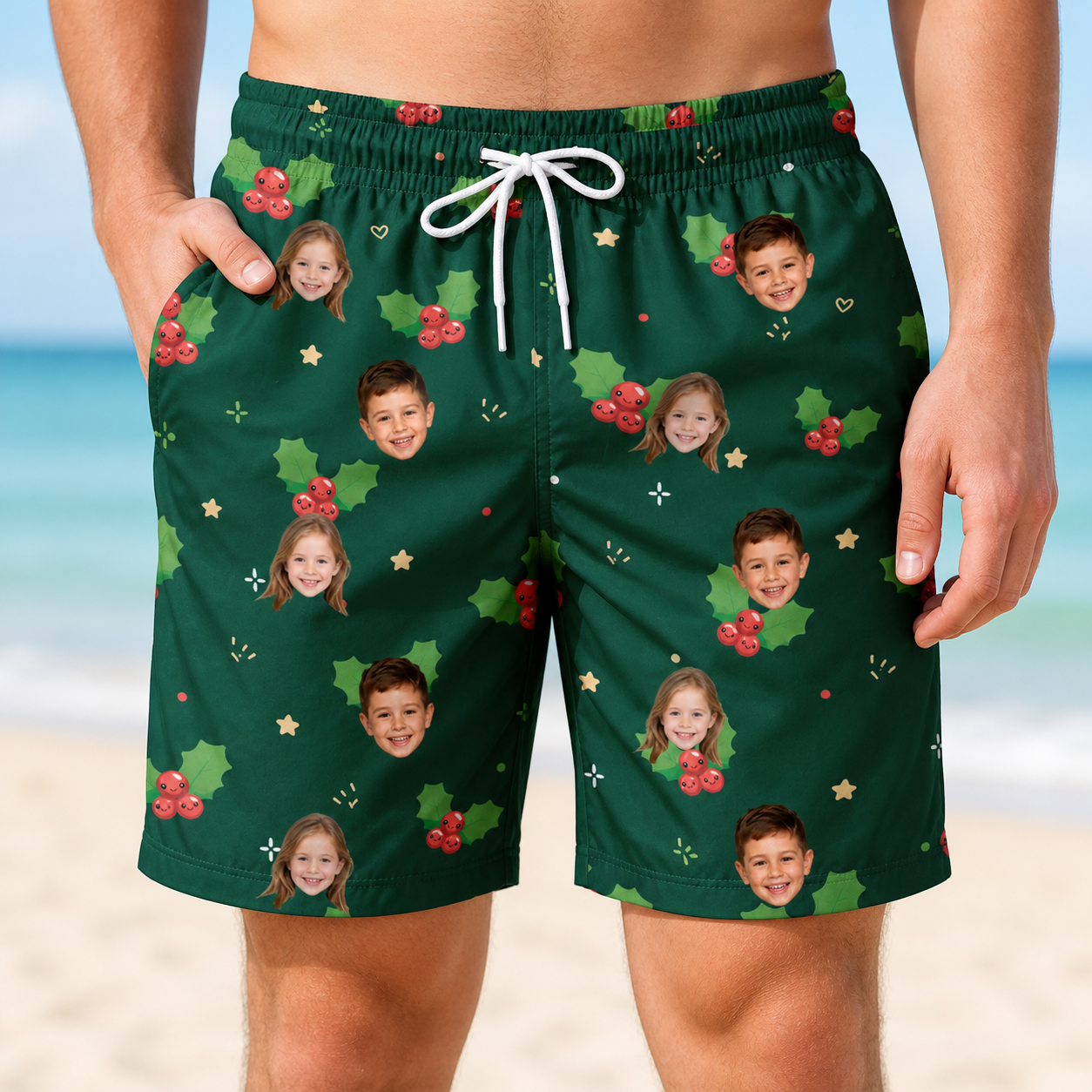 Model wearing Men's Festive Foliage Custom Face Beach Shorts printed with kids' faces