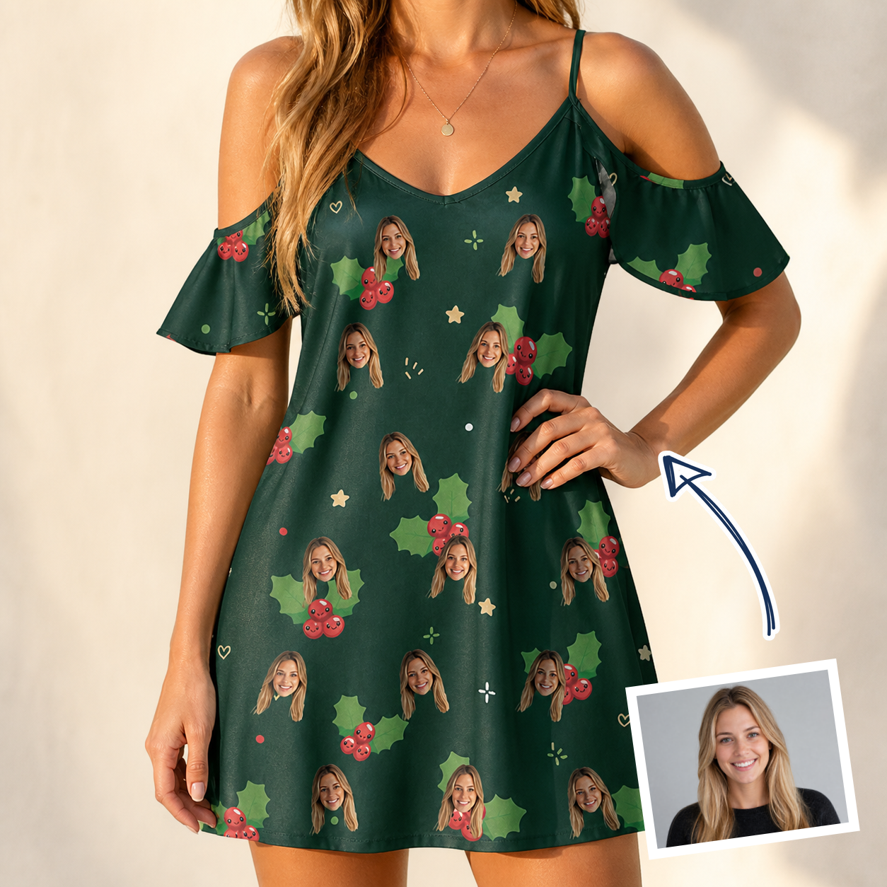 Woman wearing Women's Festive Foliage Custom Face Off-Shoulder Dress — custom faces printed all-over