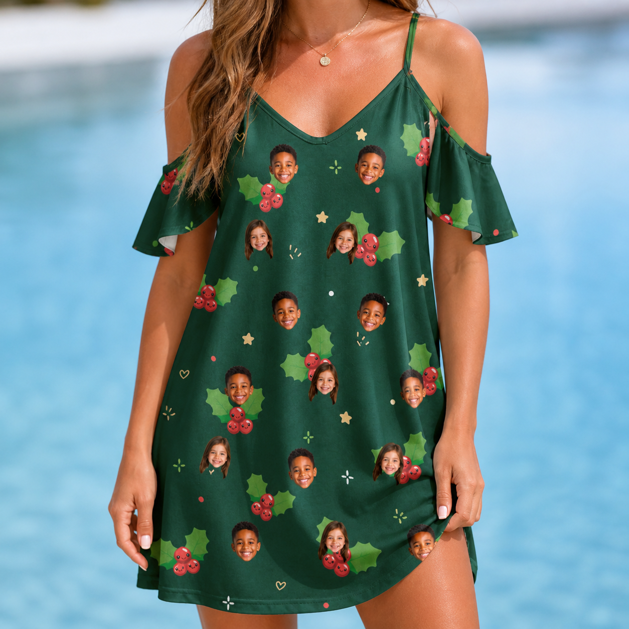 Model wearing Women's Festive Foliage Custom Face Off-Shoulder Dress printed with kids' faces
