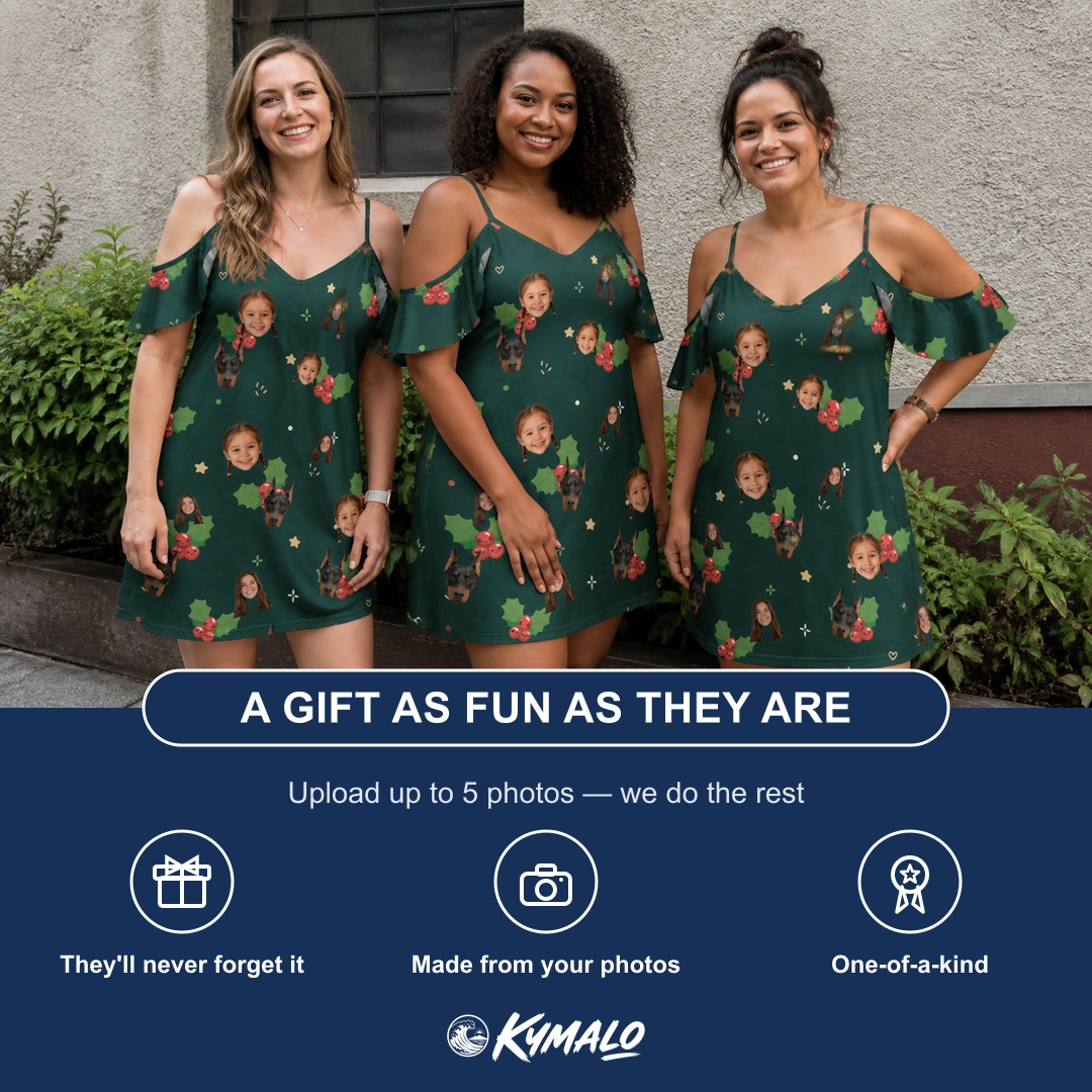 Friends in matching Women's Festive Foliage Custom Face Off-Shoulder Dress — a group gift photo