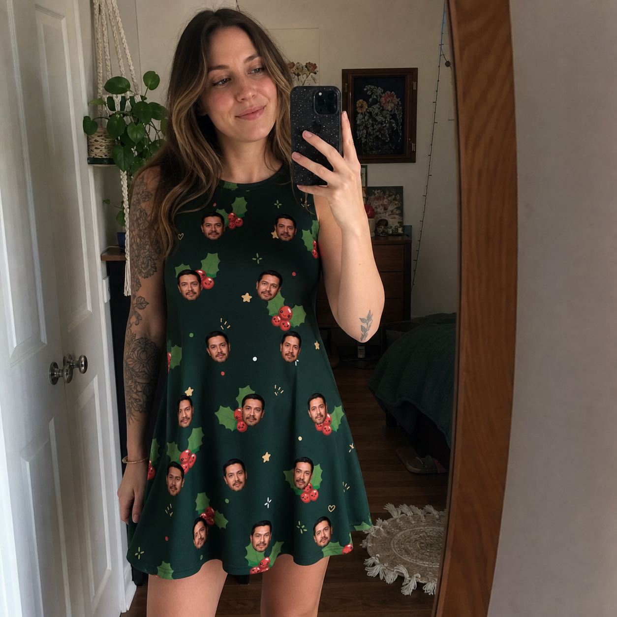 Real-life photo of someone wearing Women's Festive Foliage Custom Face Tank Dress — custom faces printed all-over