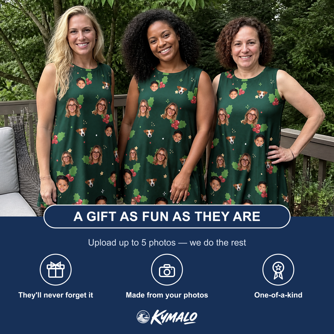 Friends in matching Women's Festive Foliage Custom Face Tank Dress — a group gift photo